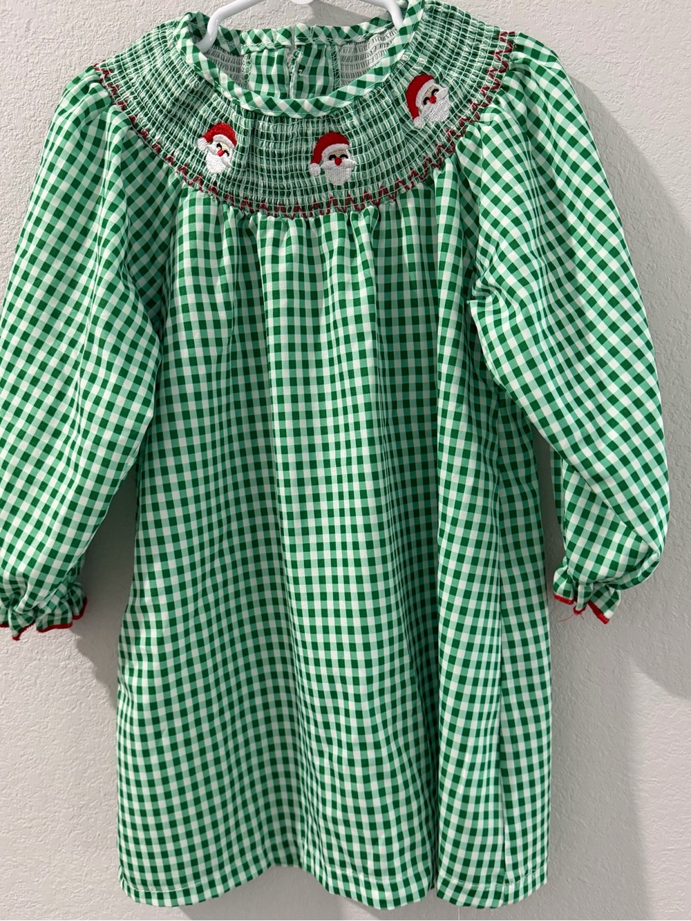 Green Gingham Smocked Santa Christmas Dress Long Sleeve Pullover Red Trim 4-5 Y